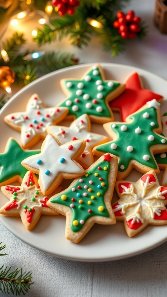 A plate of colorful Christmas sugar cookies in festive shapes, decorated with icing and sprinkles, surrounded by holiday decorations.